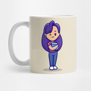 Cute Girl Holding Book Cartoon Mug